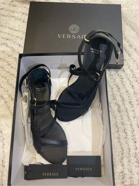 Versace Black Leather Strappy Sandals with Gold Hardware